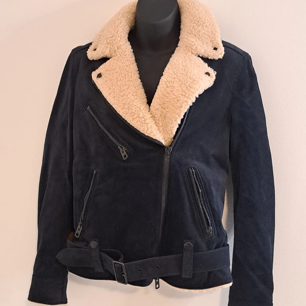 Coach Blue Suede Motorcyle Jacket with Cream Shearling  Collar Misses Size MED